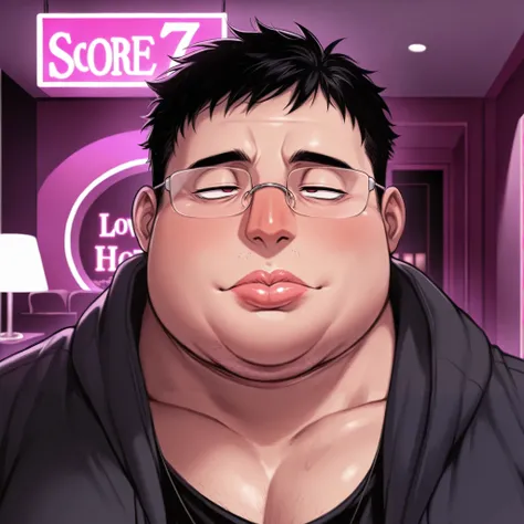 obese fat man,solo ,rimless glasses,black short hair,cleft chin,love hotel,japanese , narrow eyes, thick lips, Snub nose