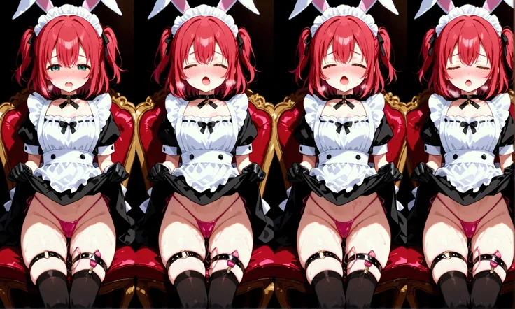  Kurosawa Ruby、  short hair、bangs、(  Green Eyes:1.3)、 Red Hair 、Aqua Hitomi  、  two side up 、pink g-string、  Masterpiece、  super detailed、  open your mouth、whole body、  Overknee Socks  、  choker 、  Black Glove、 garter ring、 back、Two views.Bunny ears、 sweat...