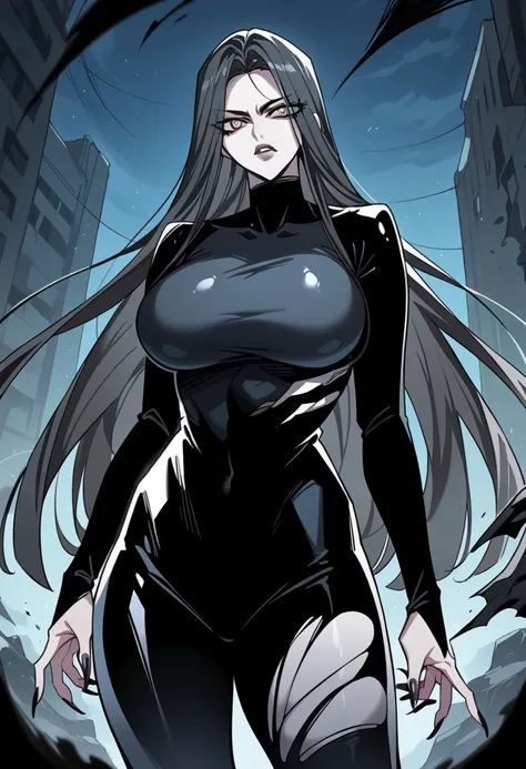 score_8_up, score_7_up, score_9, 1girl, solo, standing, looking at the viewer, (facing viewer), outdoors, night, m10ru, 1girl, (pale skin), gray eyes, long hair, black hair, bodysuit, gray lipstick, black nails, long fingernails, damaged, thick thighs, big...