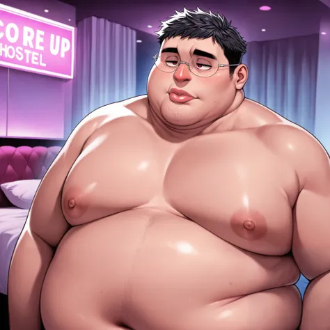 obese fat man,solo ,rimless glasses,black short hair,cleft chin,love hotel,japanese , narrow eyes, thick lips, Snub nose