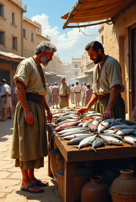 He created a picture of a fishmonger selling to a man in ancient times