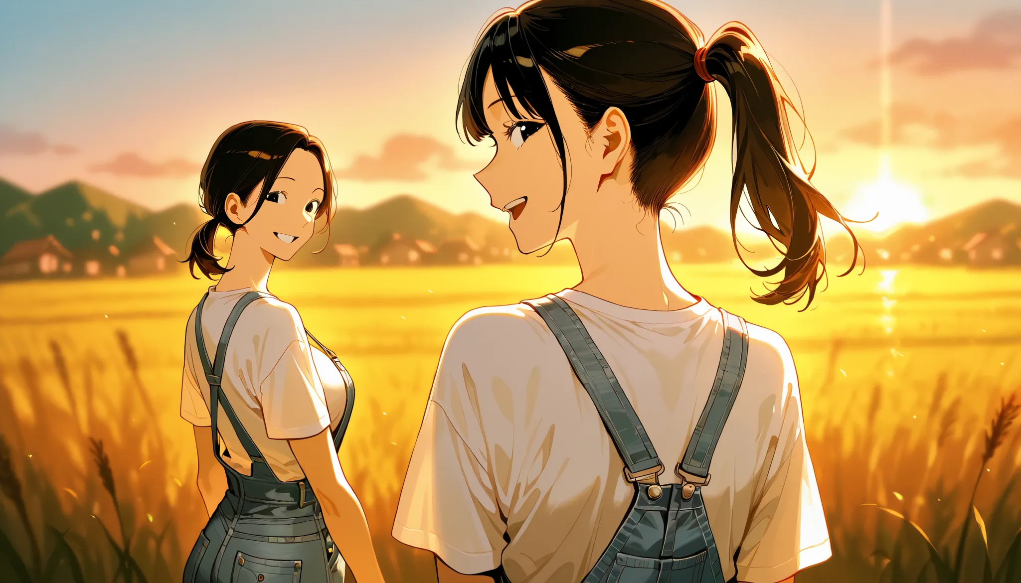 Sunset smile, big smile, looking back and smiling, black hair in a ponytail, black eyes, denim overalls, white t-shirt, rice field path, village at sunset, blurred background