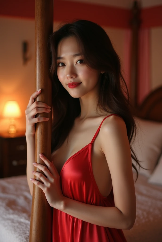 a very attractive korean woman 18 years old, inside the bedroom romantic mood lights, four poster bed, she is wearing a thin red satin low-cut pajama, exposing her full breasts, no underwear, skin smooth and fair colored, cute face and attractive gentle sm...