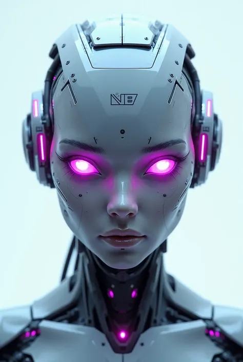 Generate a hyper-realistic artificial intelligence character with a futuristic, cybernetic design. The character should have a symmetrical, human-like face with a smooth, slightly metallic skin texture, blending organic realism with advanced technology. Th...