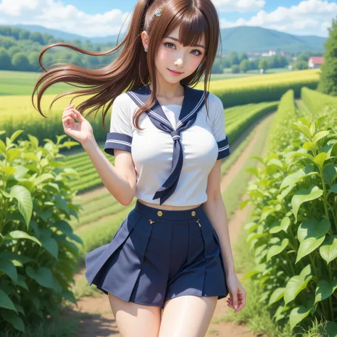  girl,  fit girl , score_9,  score_8_ up the side,  score_7_ up the side,  score_6_ up the side,  No posts, 1人の girl, Nakano Future,  long hair, bangs,  blue eyes,  brown hair,  shirt,   hair between eyes, Big Breasts,  sailor suit, School_uniform,  tie,  ...