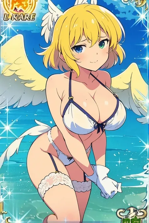 Ryona ,( Masterpiece),( top quality),2D, anime,  ( Anime art),  lineart  , watercolor,loli,(mega breasts),1 girl,angel,(angel Wings),(blonde hair),(feathered Wings),(garter straps),gloves,Alone,(white Wings),Wings