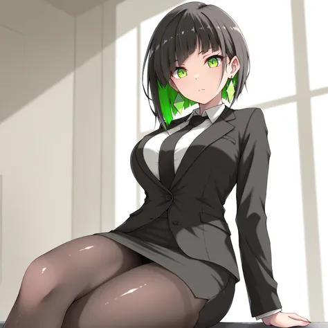 masterpiece, (((( best quality )))),1 girl, Japanese Anime ,,shiny skin, wearing a black suit,skirt suit, black tie , dark hair, short bob hair,The inner color of the hair is green, green eyes,isosceles triangle earrings, black tights,large breasts