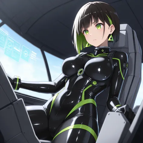 masterpiece, (((( best quality )))),1 girl, Japanese Anime ,character profilele,shiny skin, wearing a black pilot suit, dark hair, short bob hair,The inner color of the hair is green, green eyes,isosceles triangle earrings, black tights,large breasts, stra...