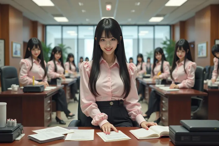 (Super Best masterpiece Raw Photography Art), (16k,  best image quality,  ultra high resolution,  RAW photos ), (myself = Cloning girls, cute, smile,  Super Big Breasts ,  full body depiction,  long straight hair,  black hair, Suit-based casual office lady...