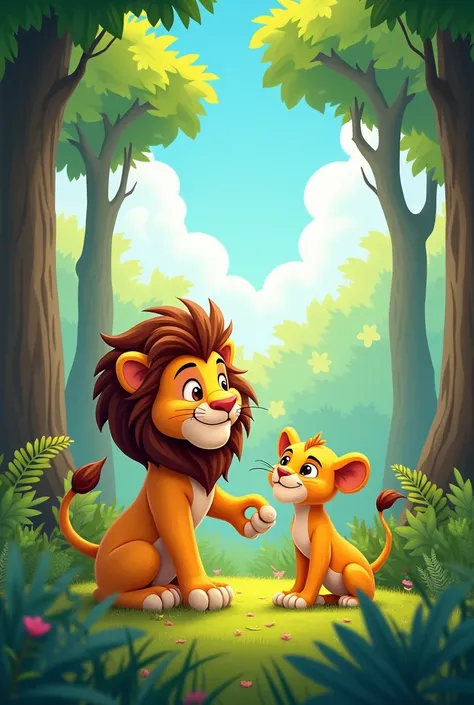 Create a raise a lion and a lioness together in the forest, a cartoon-like image with a lion., tigre, trees, A gram,  blue sky with clouds , sunny , Black and white with white background  