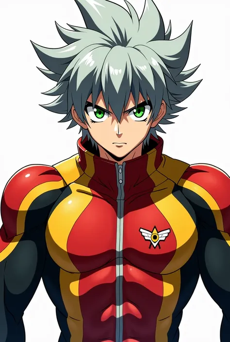 ( oeuvre d&#39;art,     maximum quality  ,  best quality, Official art,   beautiful and very very aesthetically threatening charismatic powerful 
muscular :1.2)  Garçon Inazuma Eleven OC aux cheveux gris et aux yeux rouge et vert scarlate menaçants.Stylish...