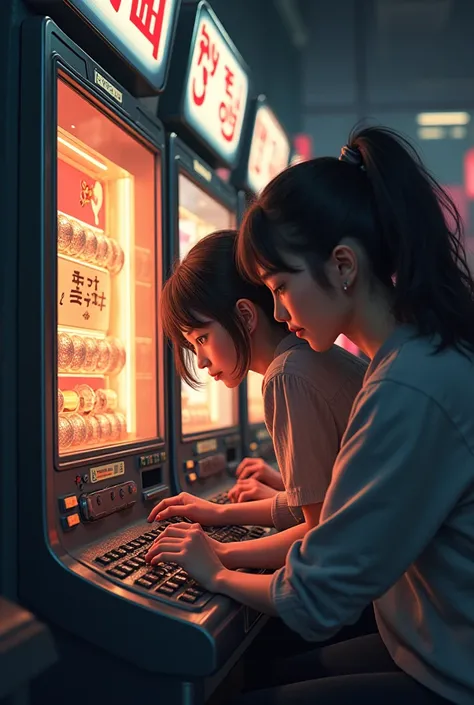 ren are sitting in a row playing a pachinko game cabinet. 