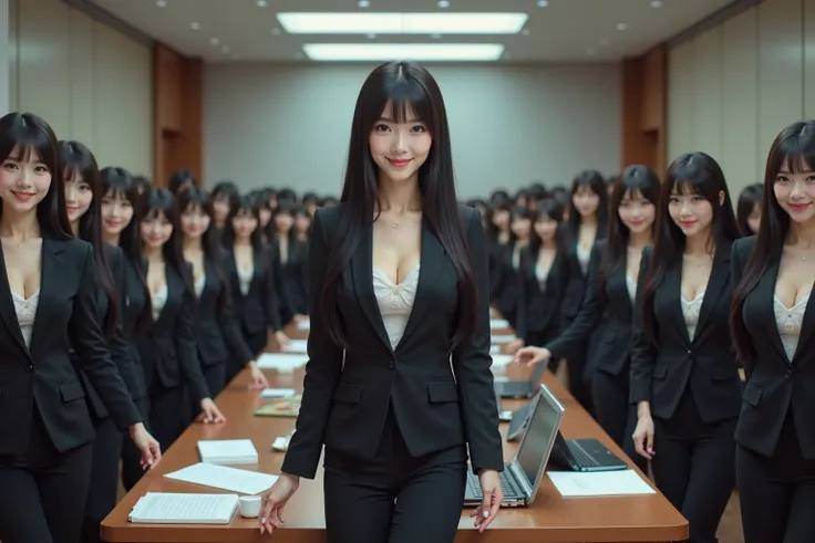 (Super Best masterpiece Raw Photography Art), (16k,  best image quality,  ultra high resolution,  RAW photos ), (myself = Cloning girls, cute, smile,  Super Big Breasts ,  full body depiction,  long straight hair,  black hair, Suit-based casual office lady...