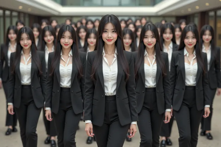 (Super Best masterpiece Raw Photography Art), (16k,  best image quality,  ultra high resolution,  RAW photos ), (myself = Cloning girls, cute, smile,  Super Big Breasts ,  full body depiction,  long straight hair,  black hair, Suit-based casual office lady...