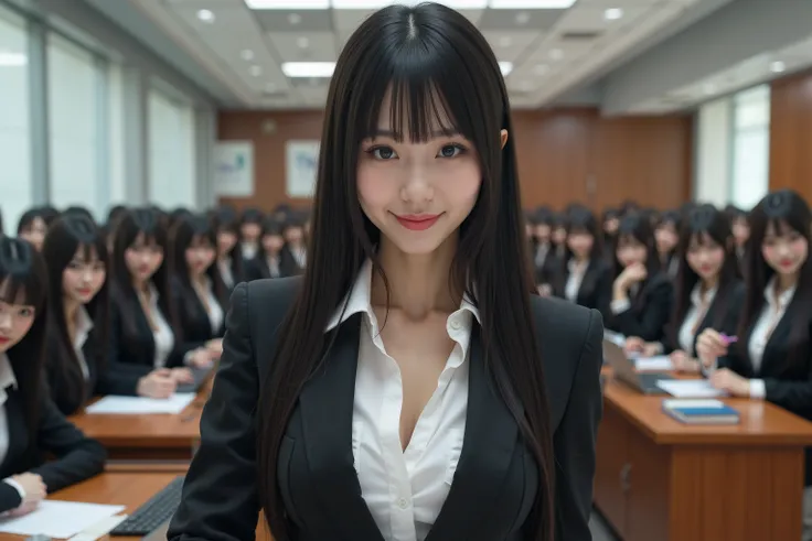 (Super Best masterpiece Raw Photography Art), (16k,  best image quality,  ultra high resolution,  RAW photos ), (myself = Cloning girls, cute, smile,  Super Big Breasts ,  full body depiction,  long straight hair,  black hair, Suit-based casual office lady...
