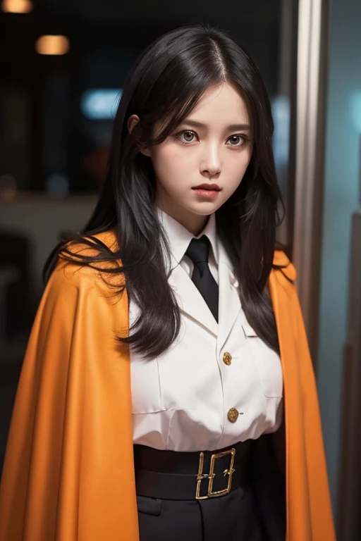  white girl with long black hair is wearing a military uniform,  Orange Cape , Big hazel eyes,  Science Fiction , Dark mood, 