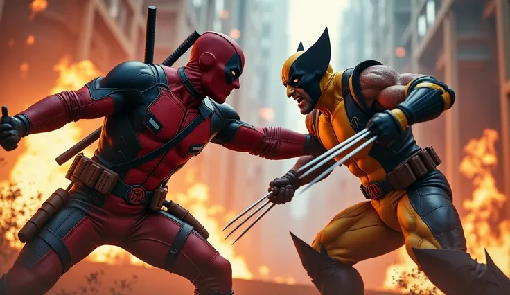 deadpool, wolverine, marvel characters, dynamic fighting action, dramatic, maximum character appeal, cinematic impression, high quality, hyper detailed, intricate details, realistic, cinematic lighting, vivid colors, epic, heroic, intense, powerful, muscul...