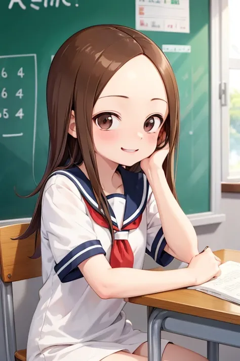 (takagi-san )
 upper body： sailor suit
lower body：
 subject size ：Girl
background ：classroom
time：Sunlight
expression ： evil smile
posture ：Curl up