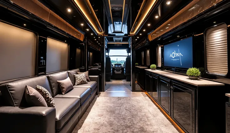 Inside the 2025 LOKI Coach Prevost Motorhome displayed in a luxury showroom, showcasing its handcrafted cabinetry and custom upholstery. The interior is elegantly furnished with dark wood finishes and plush, dark-colored seating that complements the deep, ...