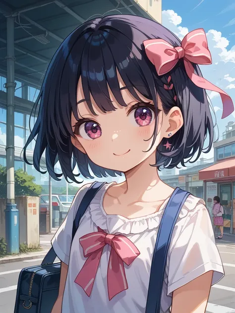  Cute  、delicate、 flat chest、Cute furi furi clothes、airport、Angle from next door 、Shoulder bag、 Happy Smile 、Large ribbon on the back、 black hair short bob、 top quality,  is anatomically correct,  high resolution,  beautiful background、 glitter effect, 