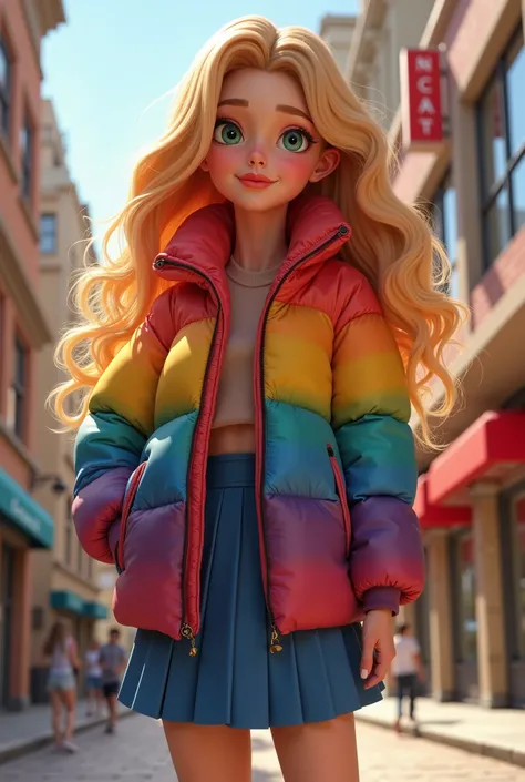  high quality,  Disney-Pixar style , 1 beautiful and sexy woman,  full body,  are standing,   are posing 。 full of confidence I face the camera with an expression  . wavy golden hair、I'm wearing a rainbow down jacket,  blue pleated skirt , Cyberbank in the...