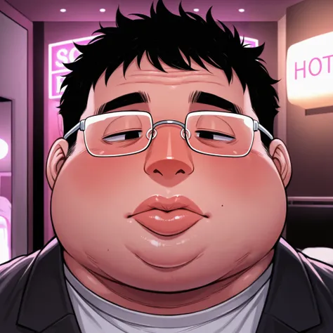 obese fat man,solo ,rimless glasses,black short hair,chubby face,love hotel,japanese ,narrow eyes, thick lips, Snub nose