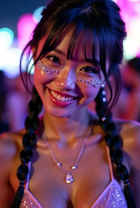 A Japanese woman with a very beautiful beauty like an actress

A close-up festival portrait of a woman with an upbeat smile, sporting two braided pigtails embellished with small accessories. She wears eye-catching face gems and glitter around her forehead ...