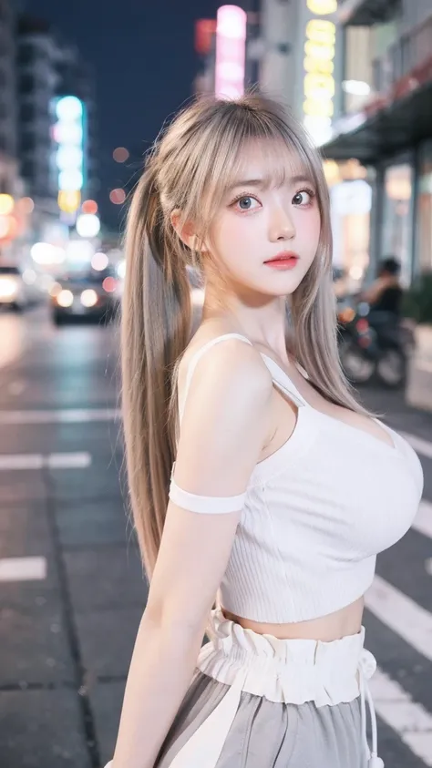 1 Girl, Beautiful, Baby Face, 20 Years Old, White Skin, Colossal Breasts, Sexy Pose, Pastel Colour Anime Outfit Coatumes, ((Pastel Colout Outfit)), ((Grey Eye)), Muscles, Bokeh, Chinese Street Background, Masterpiece, ((Night)), Twintail, Shoulder Off