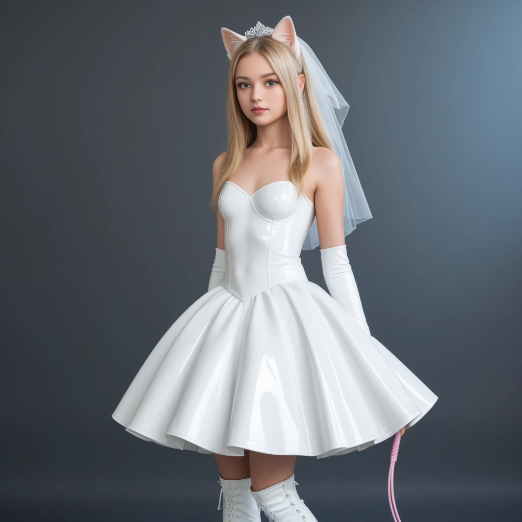  young girl ,  slim ,  blonde hair,   straight long hair ,  small breasts,  breasts open,, Cat ears,  masterpiece ,  anatomically correct  , UHD,  super detailed , further away,  latex wedding dress ,  latex black knee boots ,   latex black arm warmers lon...