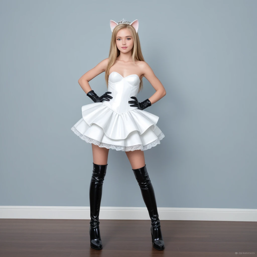  young girl ,  slim ,  blonde hair,   straight long hair ,  small breasts,  breasts open,, Cat ears,  masterpiece ,  anatomically correct  , UHD,  super detailed , further away,  latex wedding dress ,  latex black knee boots ,   latex black arm warmers lon...