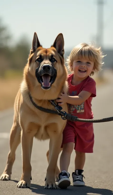 "A , around 8-, is standing with a large dog. The  is holding the dog’s leash, which is tied around the dog’s neck, with both hands. The dog is barking loudly and trying to move forward with force, but the  is standing firm, holding the leash tightly, prev...