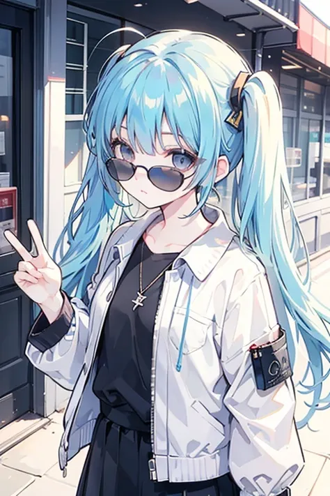  top quality， best image quality，'s greatest masterpiece，4K，Blue Hair，Black Eyes，My dark eyes want this， with long hair ， twin tails， I'm wearing round slightly smaller sunglasses， black sunglasses，non-sleeve shirt，Casual attire，Put on a jacket， Highlights...