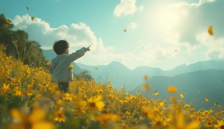 close up of a small Korean boy who is standing pointing something in the other direction with one hand, on a beautiful hill in a bright daylight, the perspective is from behind, but he is facing the camera's perspective which is behind him, so his hand is ...