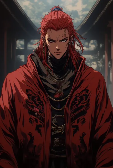 Create a Taoist, he is the leader of the heavenly demon cult., with red hair,  black eyes, wear a red robe with black details, he is 30 years old, He is very muscular 