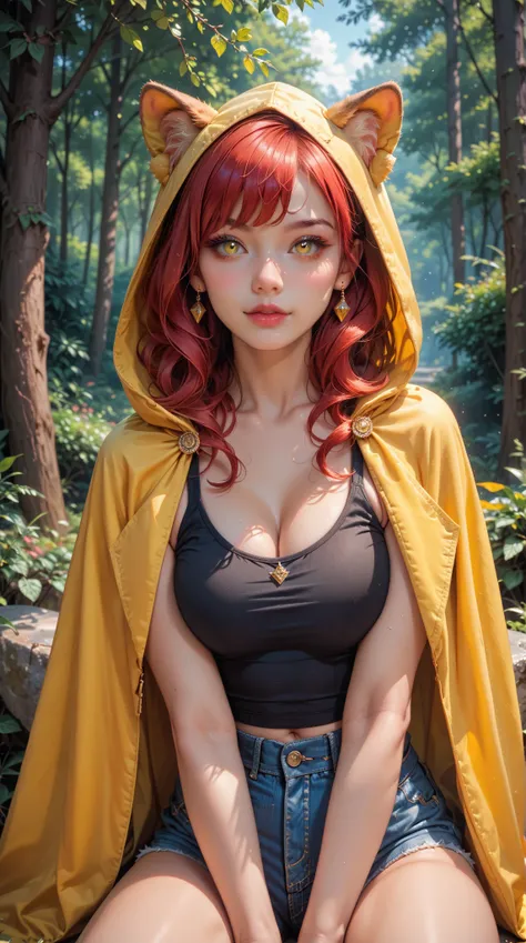 (Exquisite :1.4)， 8k resolution image ，reality， original photo，Girl Portrait，Feminization，beauty，red hair， Animal Ears，Yellow hooded cape ，denim shorts， black tank top ， Thighs ， Animal Ears露出，posture： sitting on a stone in a forest stream， yellow eyes 