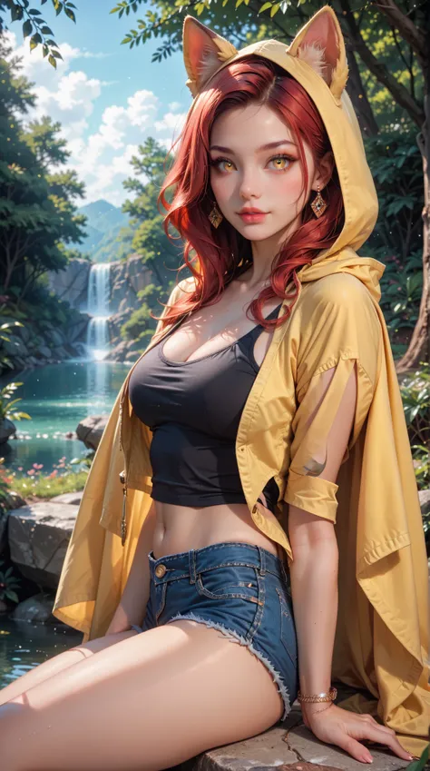 (Exquisite :1.4)， 8k resolution image ，reality， original photo，Girl Portrait，Feminization，beauty，red hair， Animal Ears，Yellow hooded cape ，denim shorts， black tank top ， Thighs ， Animal Ears露出，posture： sitting on a stone in a forest stream， yellow eyes 