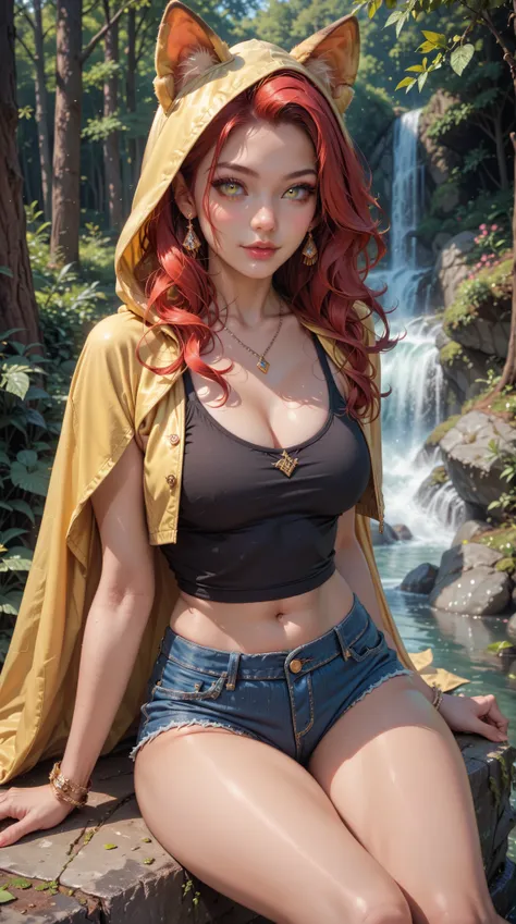 (Exquisite :1.4)， 8k resolution image ，reality， original photo，Girl Portrait，Feminization，beauty，red hair， Animal Ears，Yellow hooded cape ，denim shorts， black tank top ， Thighs ， Animal Ears露出，posture： sitting on a stone in a forest stream， yellow eyes 