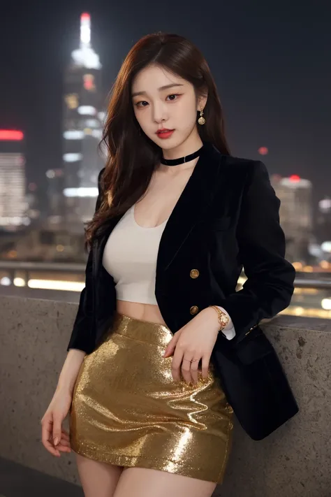 A breathtakingly beautiful female idol with a flawless, well-proportioned physique, long toned legs, a slender waist, and radiant, glowing skin. Her presence exudes confidence and elegance, with mesmerizing eyes and silky, flowing hair styled to perfection...