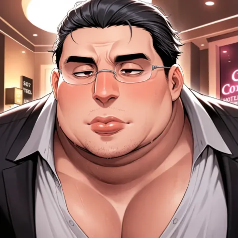 obese fat man,solo ,rimless glasses,black slicked back hair,cleft chin,love hotel,japanese , narrow eyes, thick lips, Snub nose