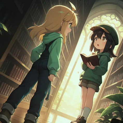 masterpiece, best quality, amazing quality, very aesthetic, high resolution, ultra-detailed, absurdres, newest, Anime screencap, highly detailed, high quality, hyper-Detailed, mistico_IL. BREAK. multiple girls, bookshelf, book, 2girls, plant, overalls, bro...