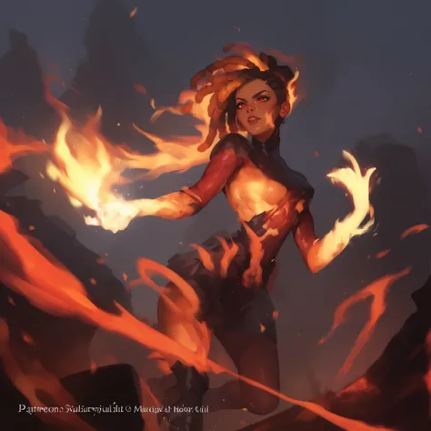 Magical girl.  slim. Sweet. small breast.  athletic.  Playful Leather Dress . Red Eyes.  Burning Fire Dreadlocks . Charred Lava Skin .  medieval ruin background. fighting pose.