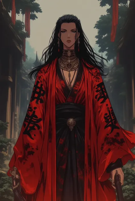 Create a Taoist, he is the leader of the heavenly demon cult.,  uniform with long black hair,  black eyes, wear a red robe with black details, he is 30 years old, He is very muscular 