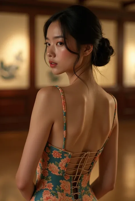 A Japanese woman with a very beautiful beauty like an actress

A refined indoor portrait showing the back view of a woman in the same floral corset-style dress, highlighting the open back and form-fitting silhouette. The scene is set in a museum or gallery...