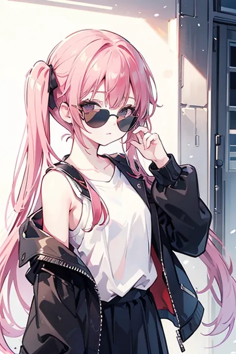  top quality， best image quality，'s greatest masterpiece，4K， red hair ，Black Eyes，My dark eyes want this， with long hair ， twin tails， I'm wearing round slightly smaller sunglasses， black sunglasses，non-sleeve shirt，Casual attire，Put on a jacket， Highlight...