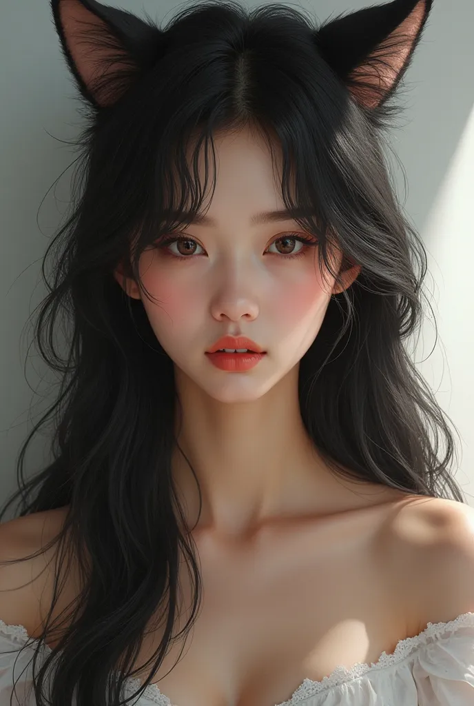  um, an 18-year-old girl with cat ears , She has an arrogant expression and is cute, but ,  I can draw a Korean girl with long hair and a gorgeous appearance??