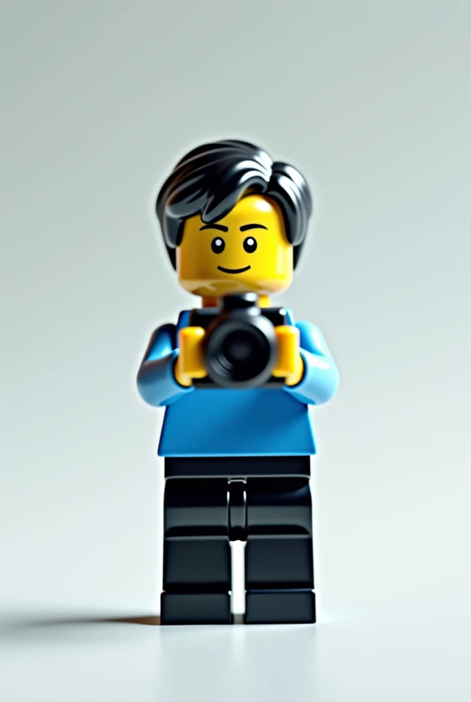 Transform into Lego boy black hair blue shirt black pants, no shoes, holding video camera