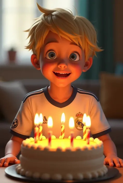 a young boy with blond hair with a birthday cake and a Real Madrid T-shirt