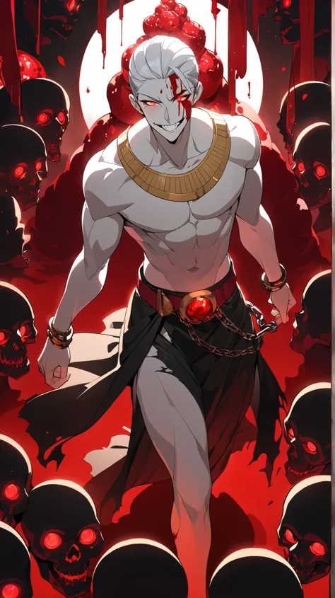 Man,Tall,, skinny, Pale skin, white Hair, slicked back hair,  Short Hair, Glowing eyes, red eyes, wide grin, long teeth, long fangs, grinning, blood on face, blushing

Wears, egyptian skirt, long skirt, gold amulet, chained anuley, giant glowing ruby amule...