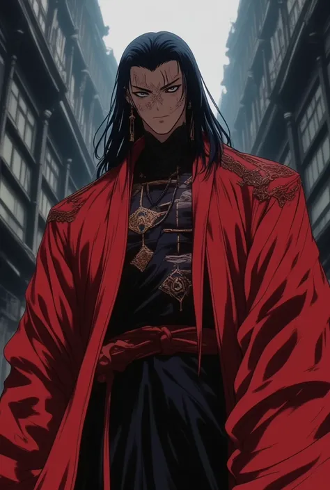 Create a Taoist, he is the leader of the heavenly demon cult.,  uniform with long black hair,  black eyes, wear a red robe with black details, he is 30 years old, He is very muscular 