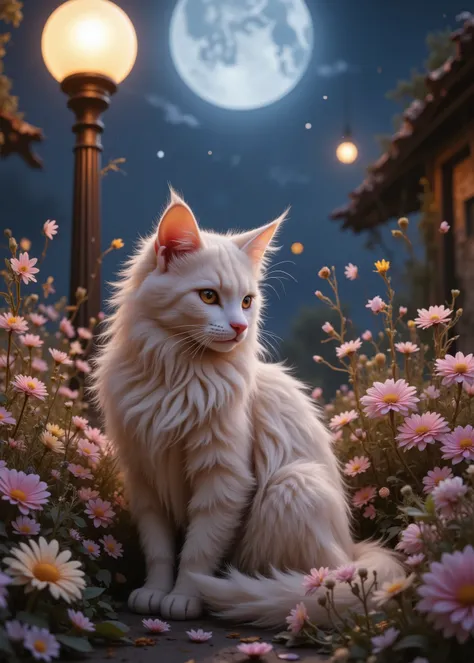  Realistic and authentic-oriented  、  texture like a bisque doll、 cute２The cat creates the atmosphere、Fluffy coat、 Night resort 、flower bed、Street lamp、Moonlit Night